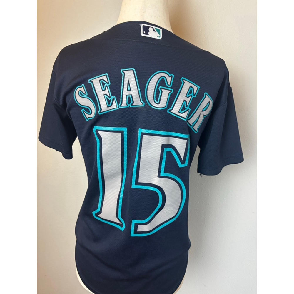 Vibtage mlb Boys Majestic Seattle Mariners Seager Jersey M Navy Teal - Picture 5 of 8
